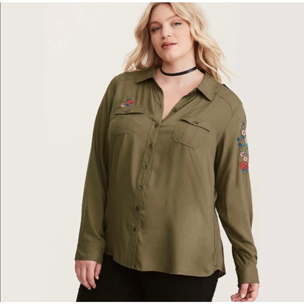 Torrid Embroidered Olive Green‎ Button Down Shirt Size 1X